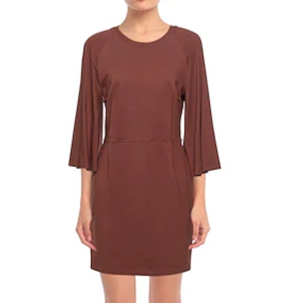 Jijil Mini Dress Terry cloth Brown Cinnamon Flare sleeve Raw stitches Sz L